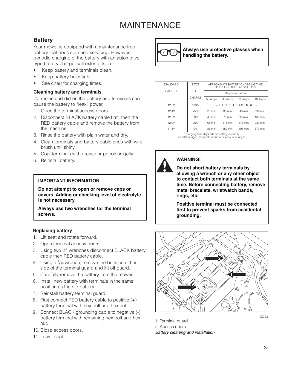 Battery, Maintenance | Poulan Pro 301ZX_966681701 LAWN TRACTOR User Manual | Page 35 / 56