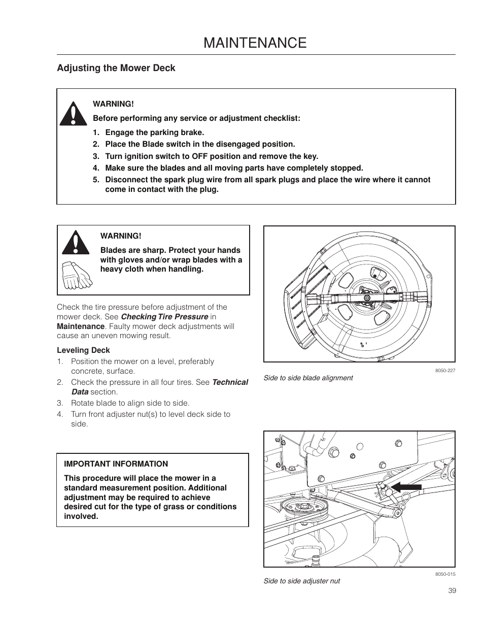 Adjusting the mower deck, Leveling deck, Maintenance | Poulan Pro 301ZX_966681701 LAWN TRACTOR User Manual | Page 39 / 56