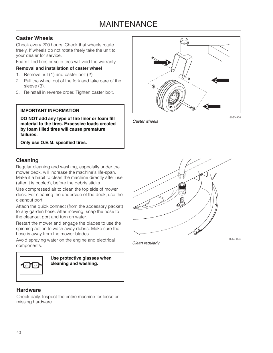 Caster wheels, Cleaning, Hardware | Maintenance | Poulan Pro 301ZX_966681701 LAWN TRACTOR User Manual | Page 40 / 56