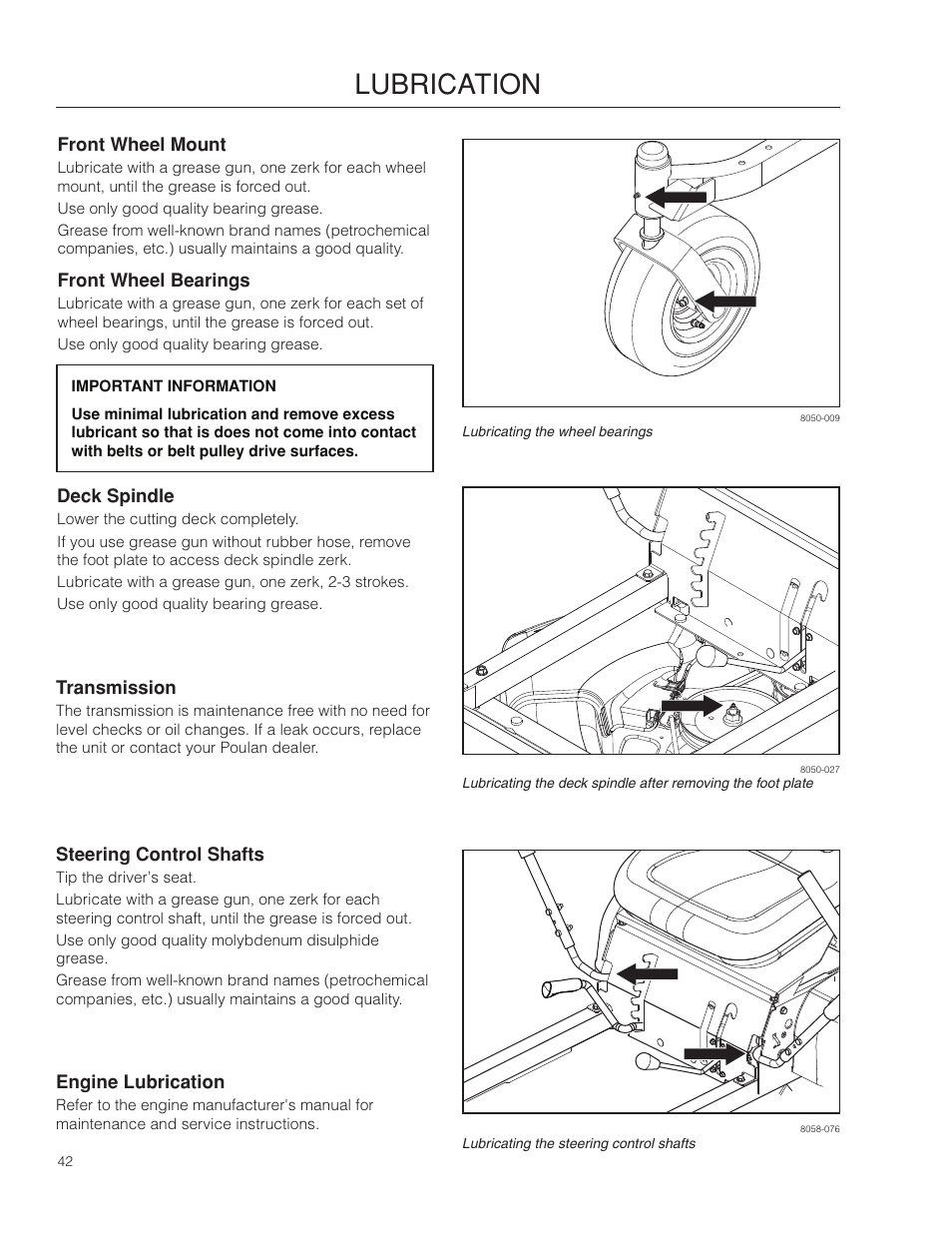 Front wheel mount, Front wheel bearings, Deck spindle | Transmission, Steering control shafts, Engine lubrication, Lubrication | Poulan Pro 301ZX_966681701 LAWN TRACTOR User Manual | Page 42 / 56