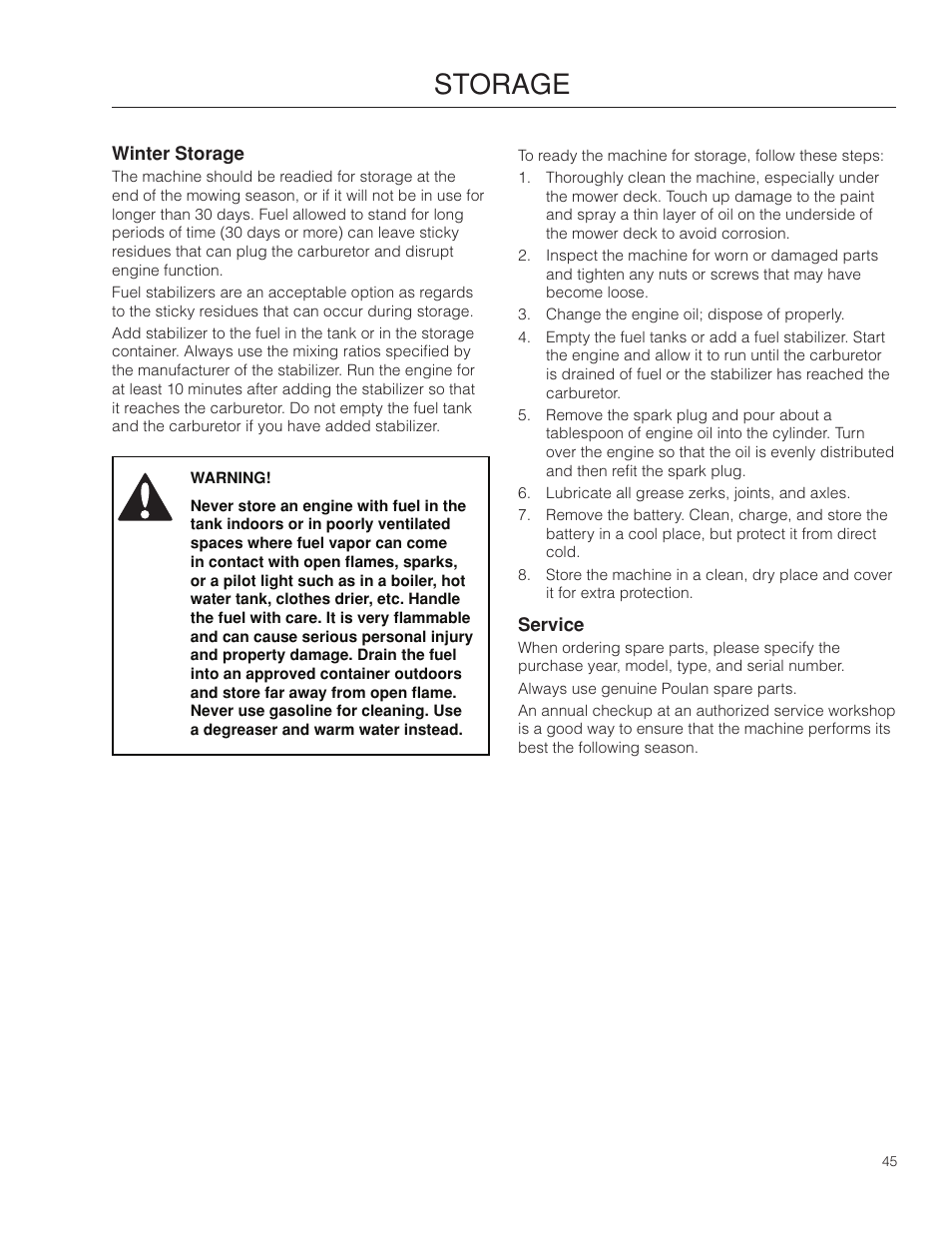 Storage, Winter storage, Service | Poulan Pro 301ZX_966681701 LAWN TRACTOR User Manual | Page 45 / 56