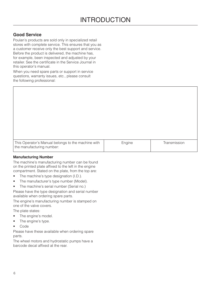 Good service, Manufacturing number, Introduction | Poulan Pro 301ZX_966681701 LAWN TRACTOR User Manual | Page 6 / 56