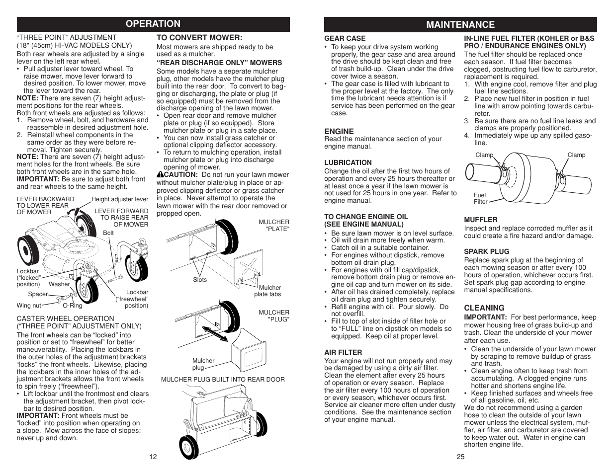 Operation, Maintenance | Poulan Pro PR625P_115587827 LAWN TRACTOR User Manual | Page 12 / 18