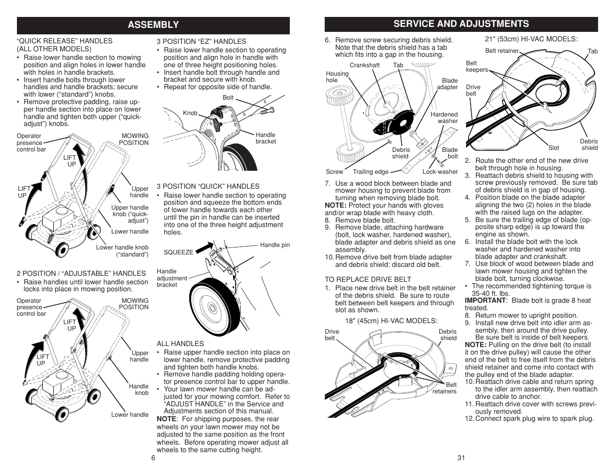 Assembly, Service and adjustments | Poulan Pro PR625P_115587827 LAWN TRACTOR User Manual | Page 6 / 18