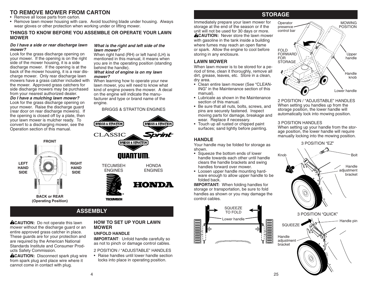 Assembly to remove mower from carton, Storage | Poulan Pro 961240002 LAWN MOWER User Manual | Page 4 / 14