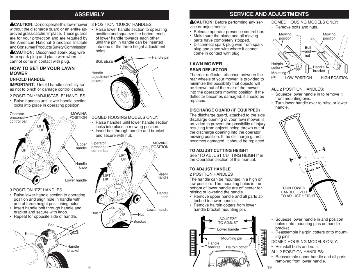 Assembly, Service and adjustments | Poulan Pro PR500N21SH LAWN MOWER User Manual | Page 6 / 12