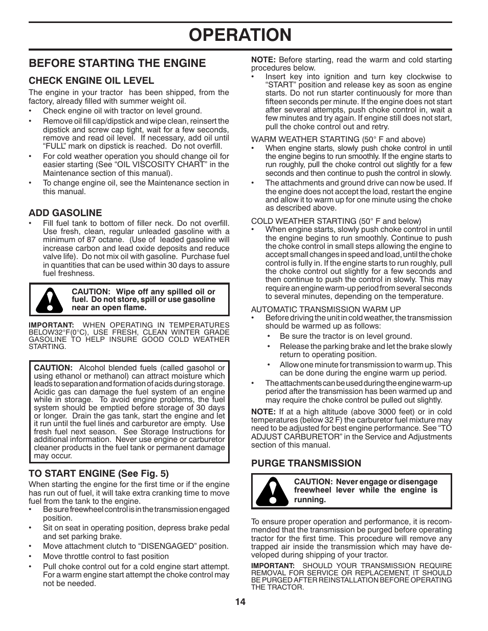 Operation, Before starting the engine | Poulan Pro PP21H42 LAWN TRACTOR User Manual | Page 14 / 32