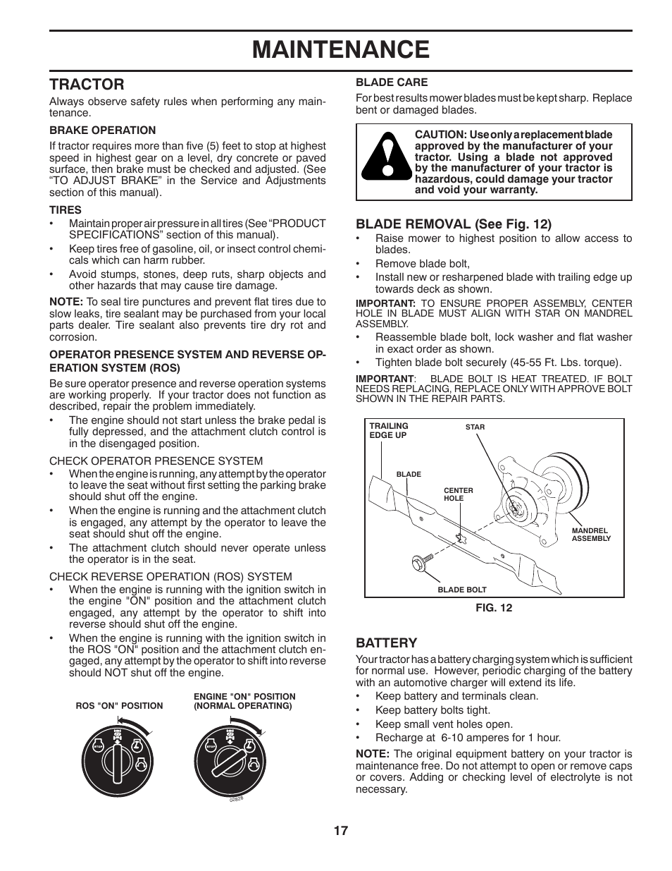 Maintenance, Tractor | Poulan Pro PP21H42 LAWN TRACTOR User Manual | Page 17 / 32