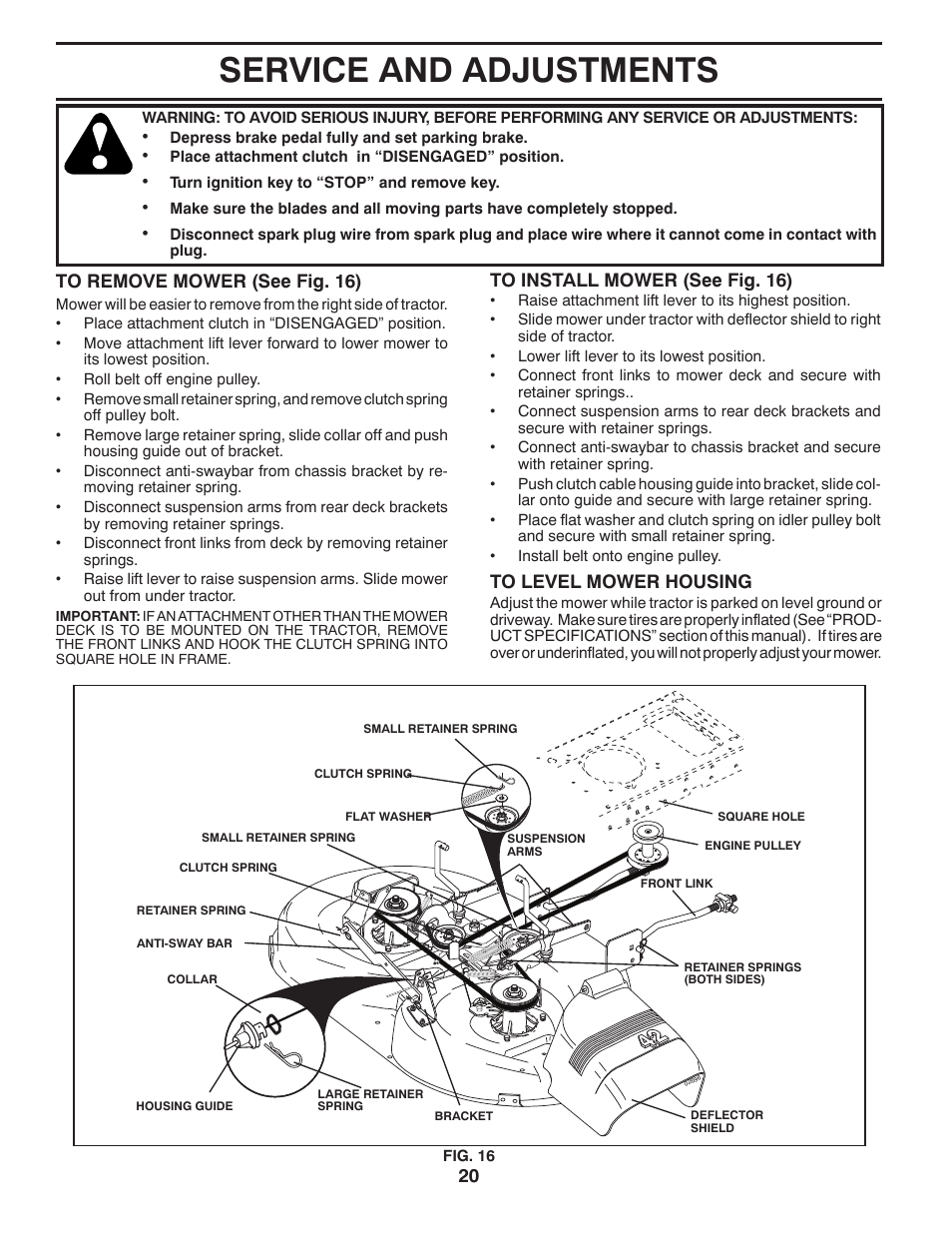 Service and adjustments | Poulan Pro PP21H42 LAWN TRACTOR User Manual | Page 20 / 32