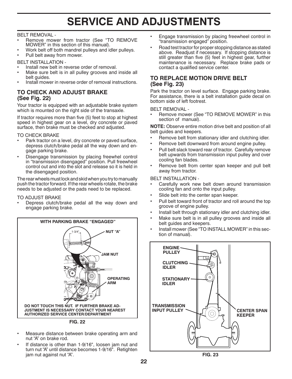 Service and adjustments | Poulan Pro PP21H42 LAWN TRACTOR User Manual | Page 22 / 32
