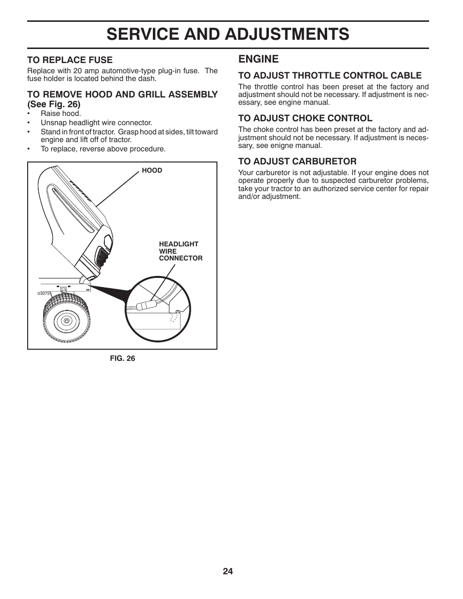 Service and adjustments, Engine | Poulan Pro PP21H42 LAWN TRACTOR User Manual | Page 24 / 32