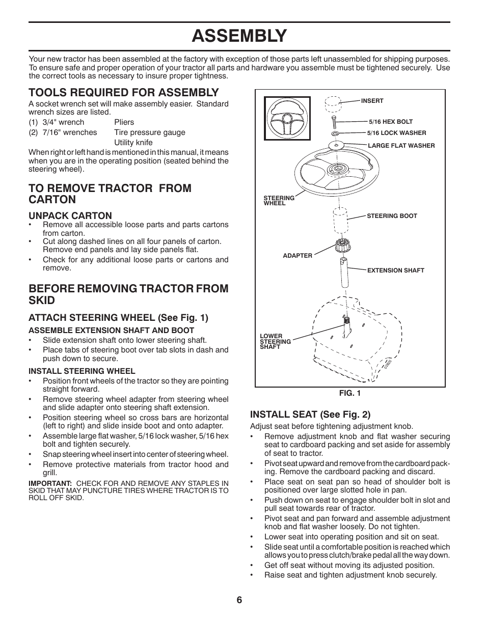 Assembly, Tools required for assembly, Before removing tractor from skid | Poulan Pro PP21H42 LAWN TRACTOR User Manual | Page 6 / 32