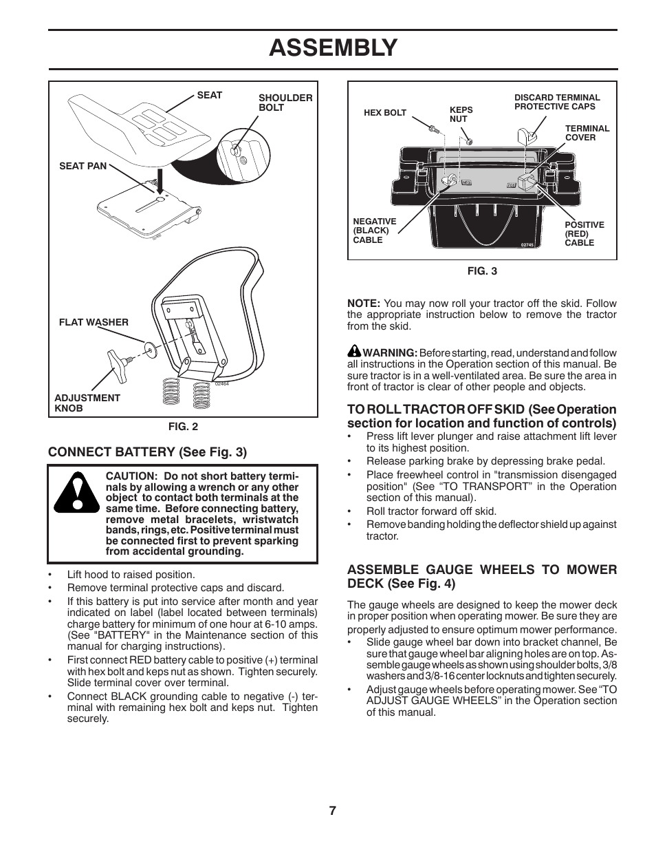 Assembly, Connect battery (see fig. 3), Assemble gauge wheels to mower deck (see fig. 4) | Poulan Pro PP21H42 LAWN TRACTOR User Manual | Page 7 / 32