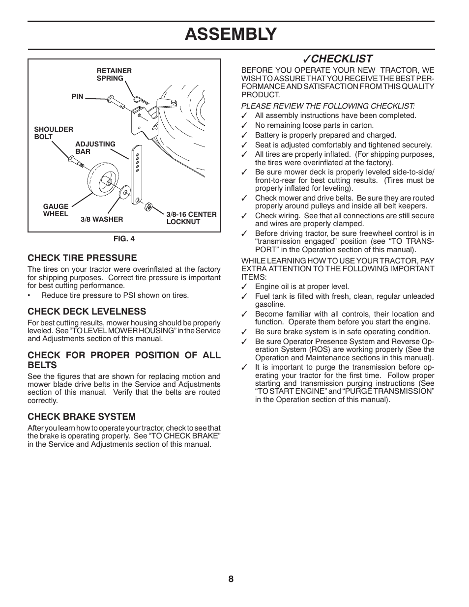 Assembly, Checklist | Poulan Pro PP21H42 LAWN TRACTOR User Manual | Page 8 / 32