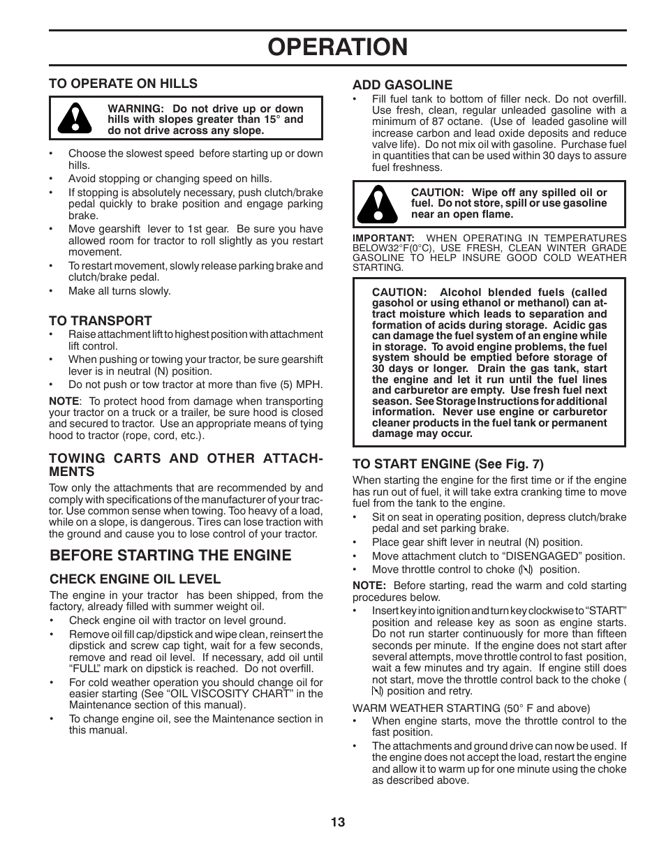 Operation, Before starting the engine | Poulan Pro PB19546LT LAWN TRACTOR User Manual | Page 13 / 48