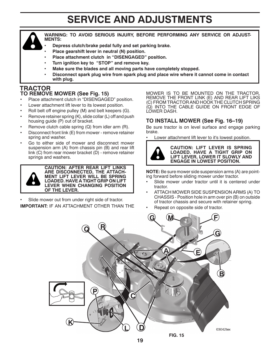 Service and adjustments, Tractor | Poulan Pro PB19546LT LAWN TRACTOR User Manual | Page 19 / 48