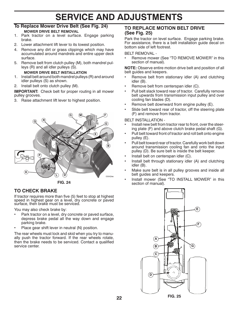 Service and adjustments | Poulan Pro PB19546LT LAWN TRACTOR User Manual | Page 22 / 48