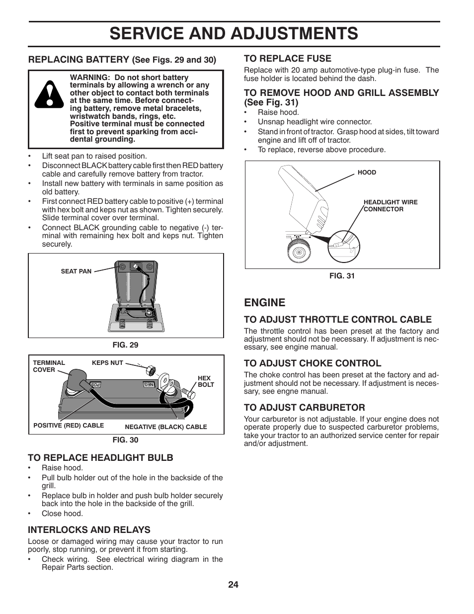 Service and adjustments, Engine | Poulan Pro PB19546LT LAWN TRACTOR User Manual | Page 24 / 48