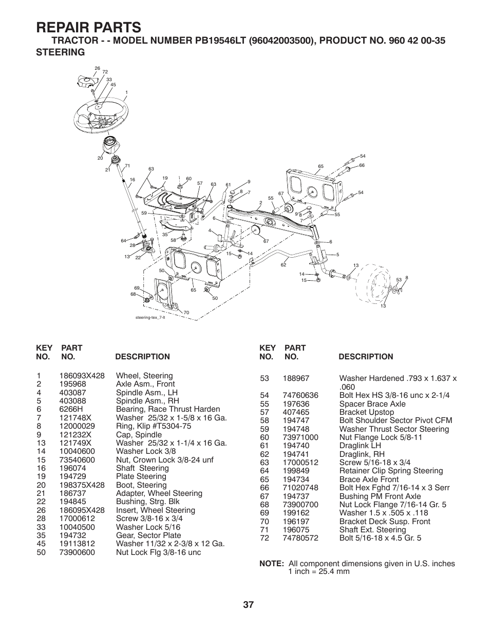 Repair parts | Poulan Pro PB19546LT LAWN TRACTOR User Manual | Page 37 / 48