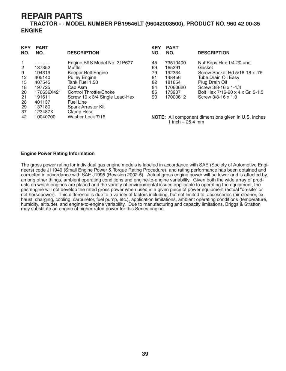 Repair parts | Poulan Pro PB19546LT LAWN TRACTOR User Manual | Page 39 / 48