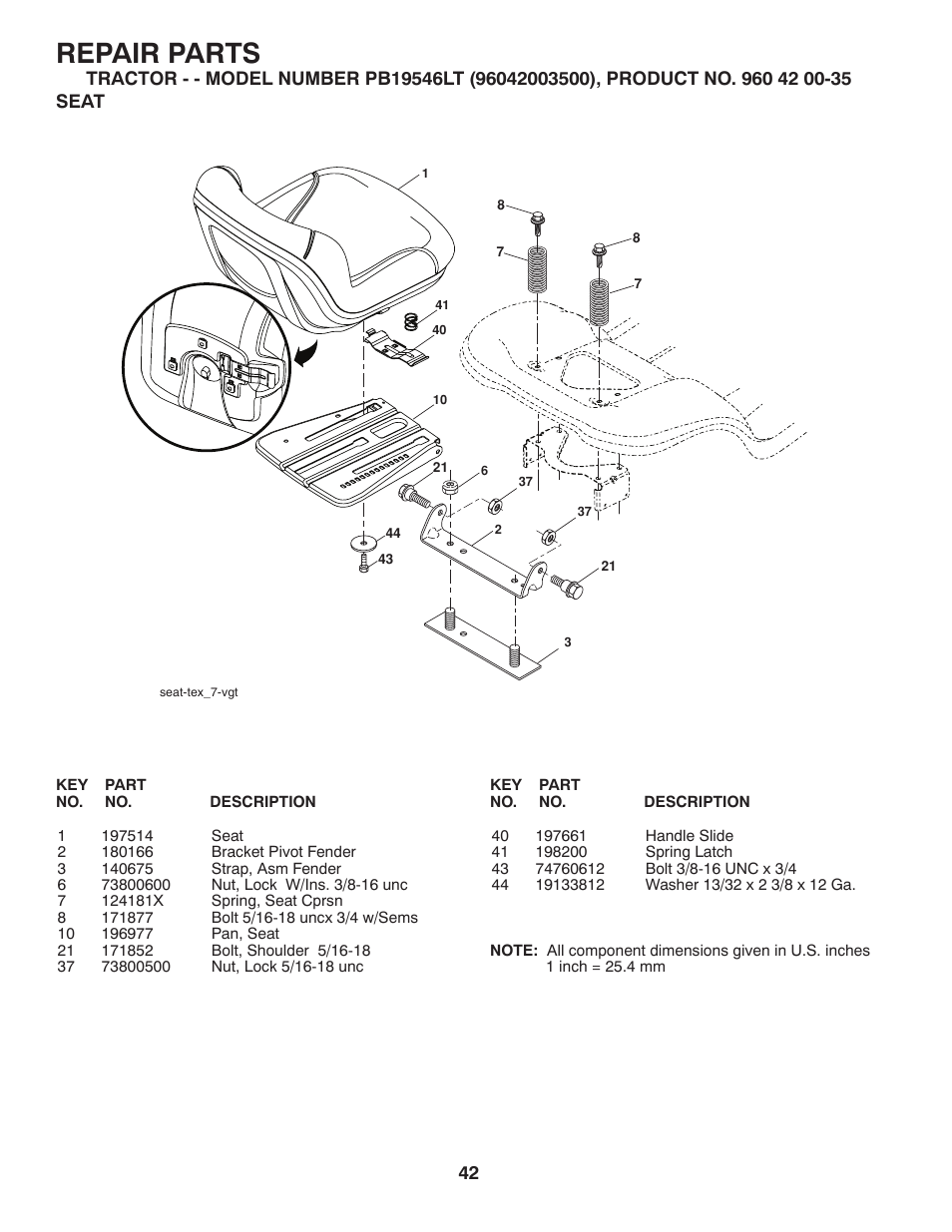 Repair parts | Poulan Pro PB19546LT LAWN TRACTOR User Manual | Page 42 / 48