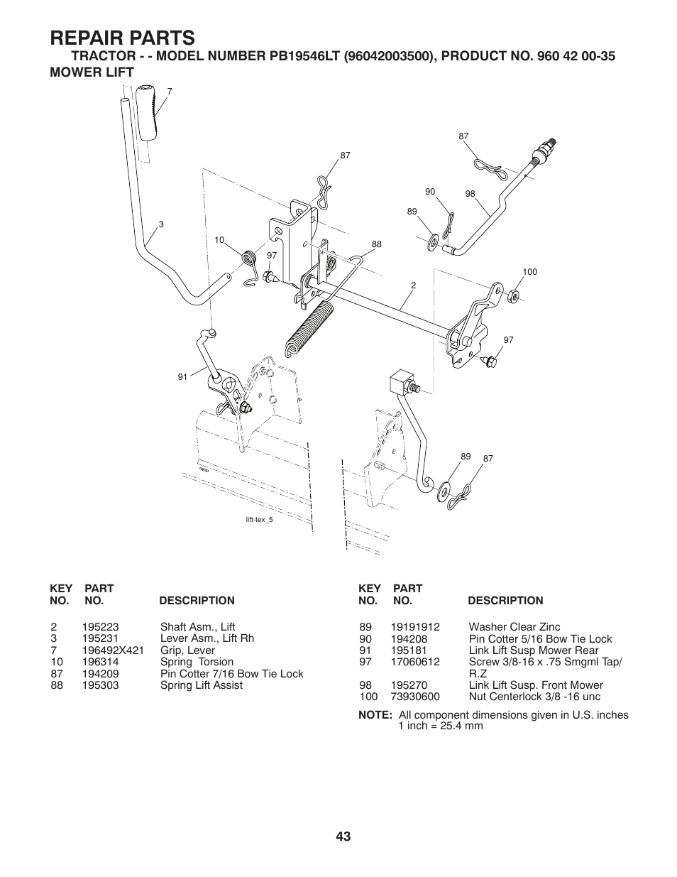 Repair parts | Poulan Pro PB19546LT LAWN TRACTOR User Manual | Page 43 / 48