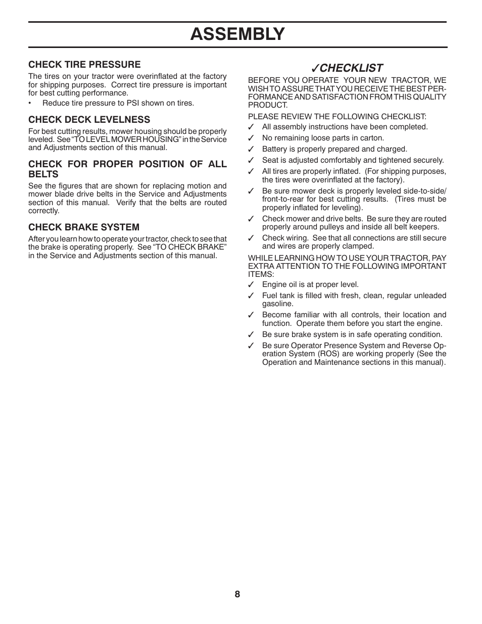 Assembly, Checklist | Poulan Pro PB19546LT LAWN TRACTOR User Manual | Page 8 / 48