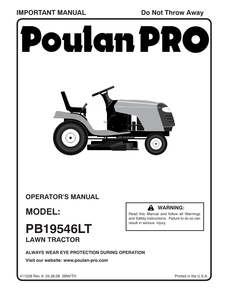 Poulan Pro PB19546LT LAWN TRACTOR User Manual | 44 pages