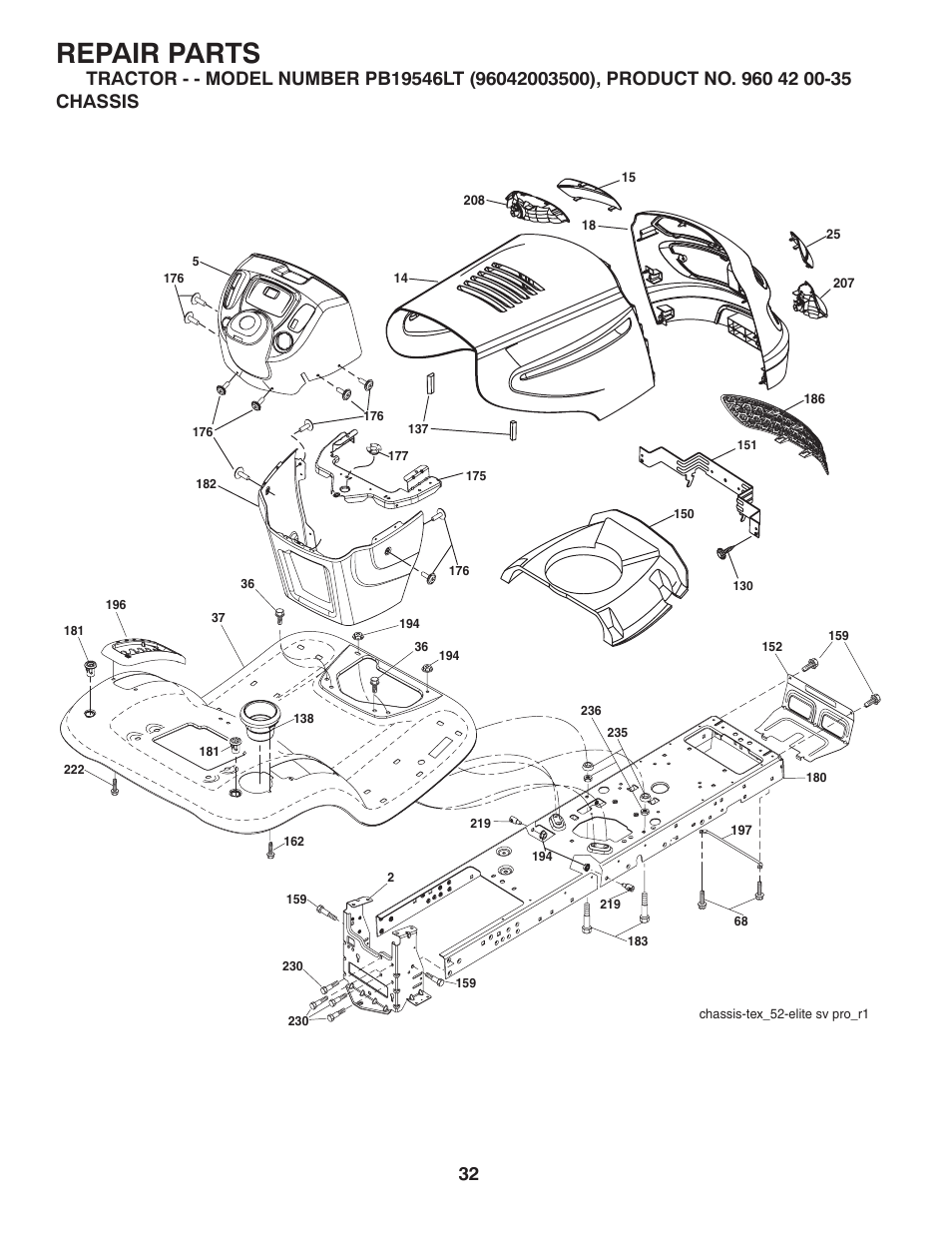 Repair parts | Poulan Pro PB19546LT LAWN TRACTOR User Manual | Page 32 / 44