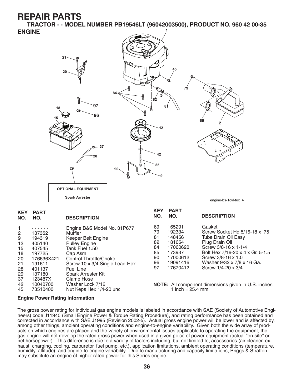 Repair parts | Poulan Pro PB19546LT LAWN TRACTOR User Manual | Page 36 / 44