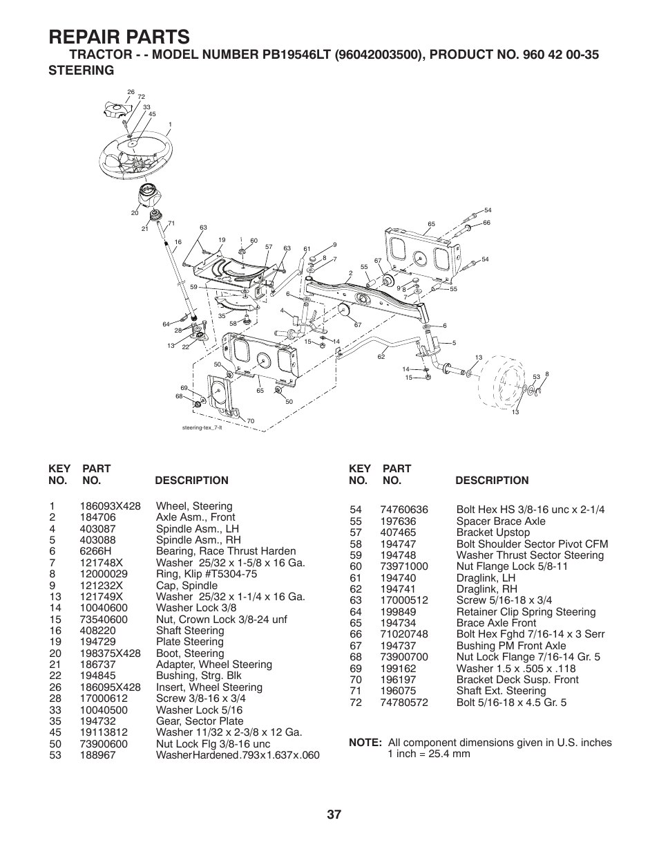 Repair parts | Poulan Pro PB19546LT LAWN TRACTOR User Manual | Page 37 / 44