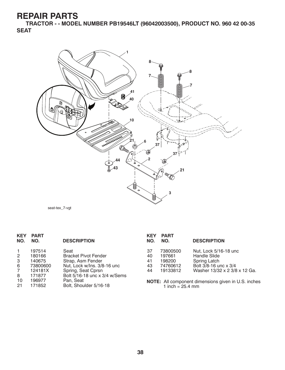 Repair parts | Poulan Pro PB19546LT LAWN TRACTOR User Manual | Page 38 / 44