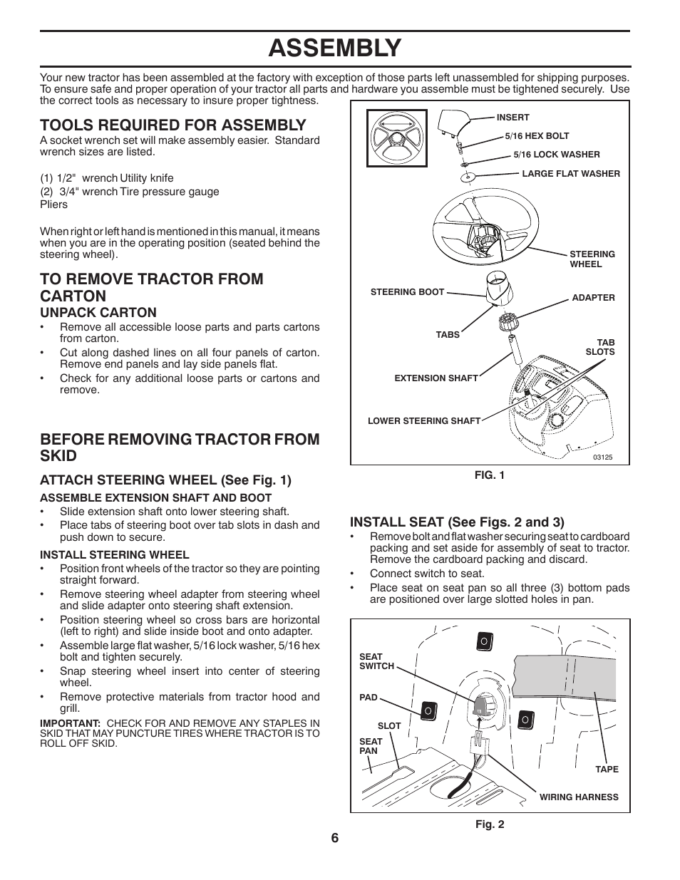 Assembly, Tools required for assembly, Before removing tractor from skid | Poulan Pro PB19546LT LAWN TRACTOR User Manual | Page 6 / 44