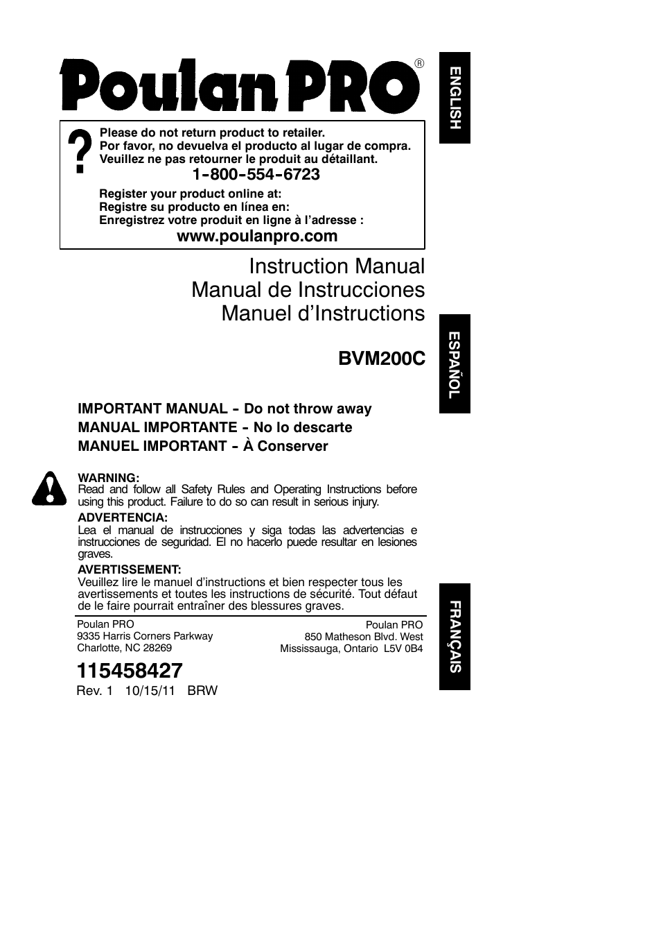 Poulan Pro BVM200C User Manual | 14 pages