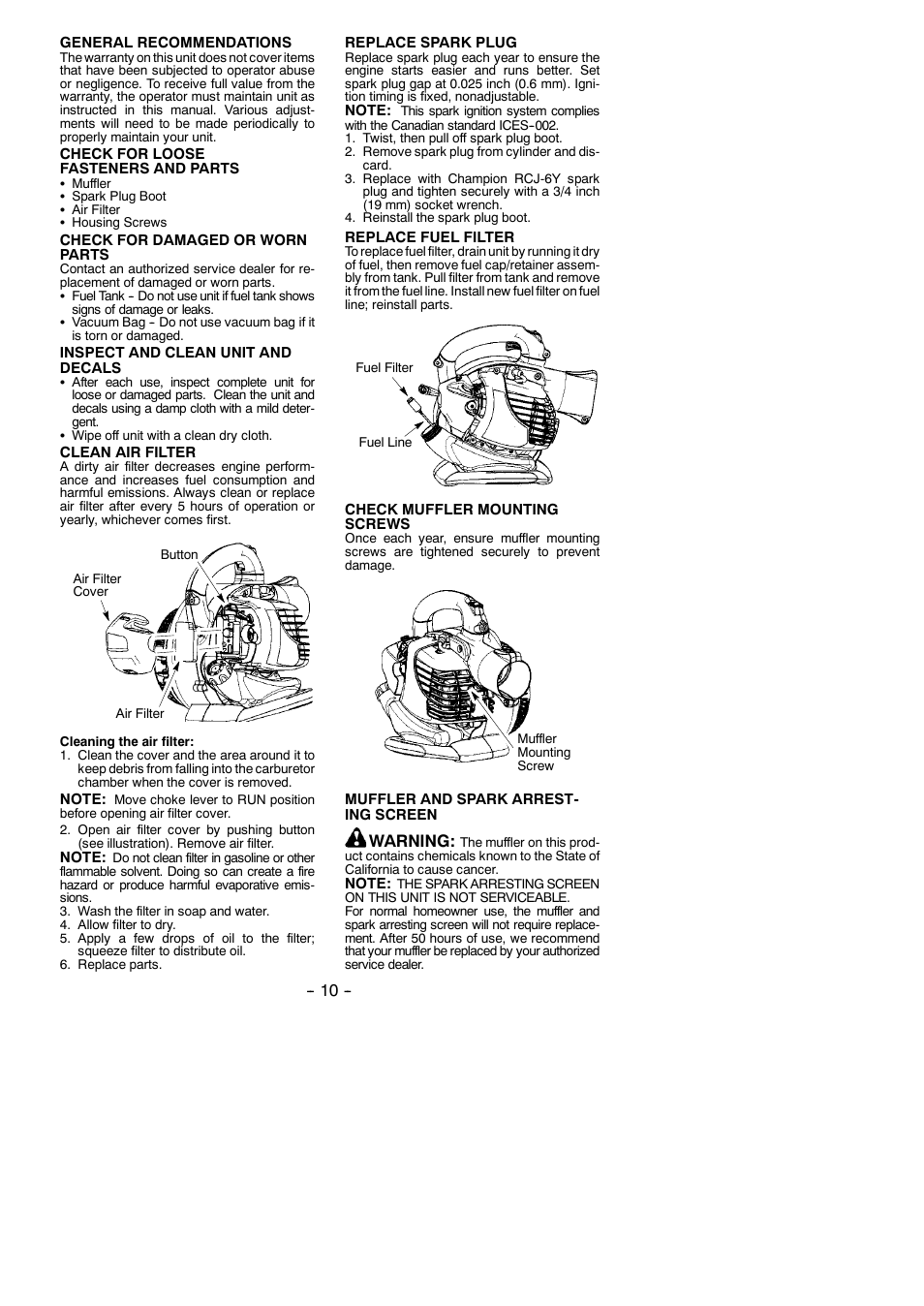 Warning | Poulan Pro BVM200C User Manual | Page 10 / 14