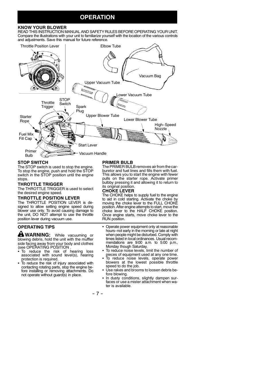 Operation, Warning | Poulan Pro BVM200C User Manual | Page 7 / 14