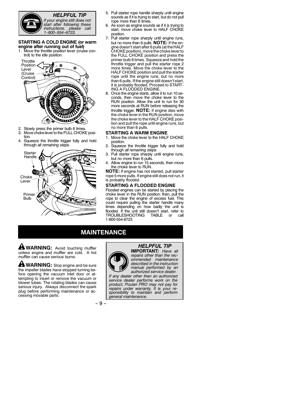 Maintenance, Helpful tip, Warning | Poulan Pro BVM200C User Manual | Page 9 / 14