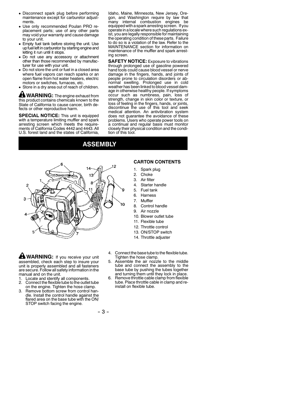 Assembly, Warning | Poulan Pro BP406 User Manual | Page 3 / 9