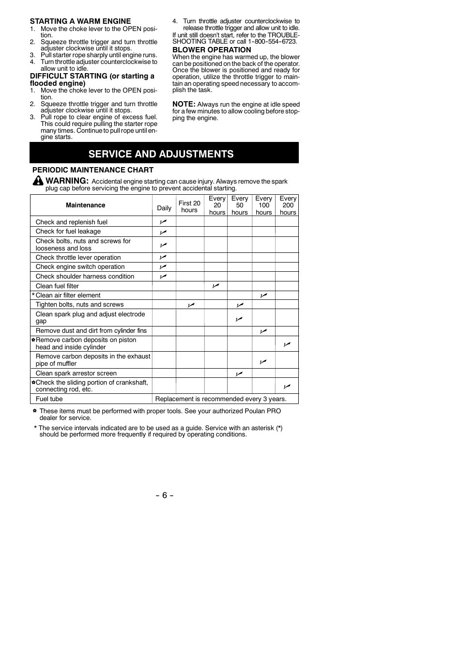 Service and adjustments | Poulan Pro BP406 User Manual | Page 6 / 9