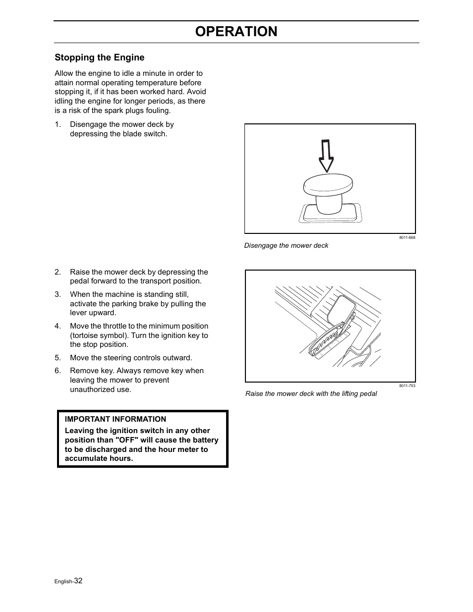 Operation, Stopping the engine | Poulan Pro Pro 900 ZX 968999302 User Manual | Page 34 / 80