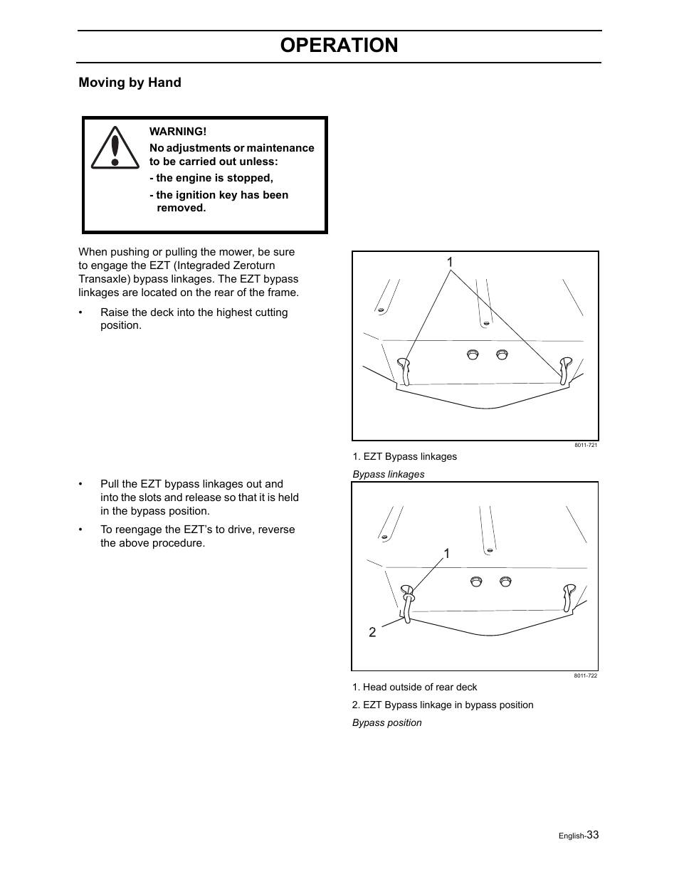 Operation, Moving by hand | Poulan Pro Pro 900 ZX 968999302 User Manual | Page 35 / 80