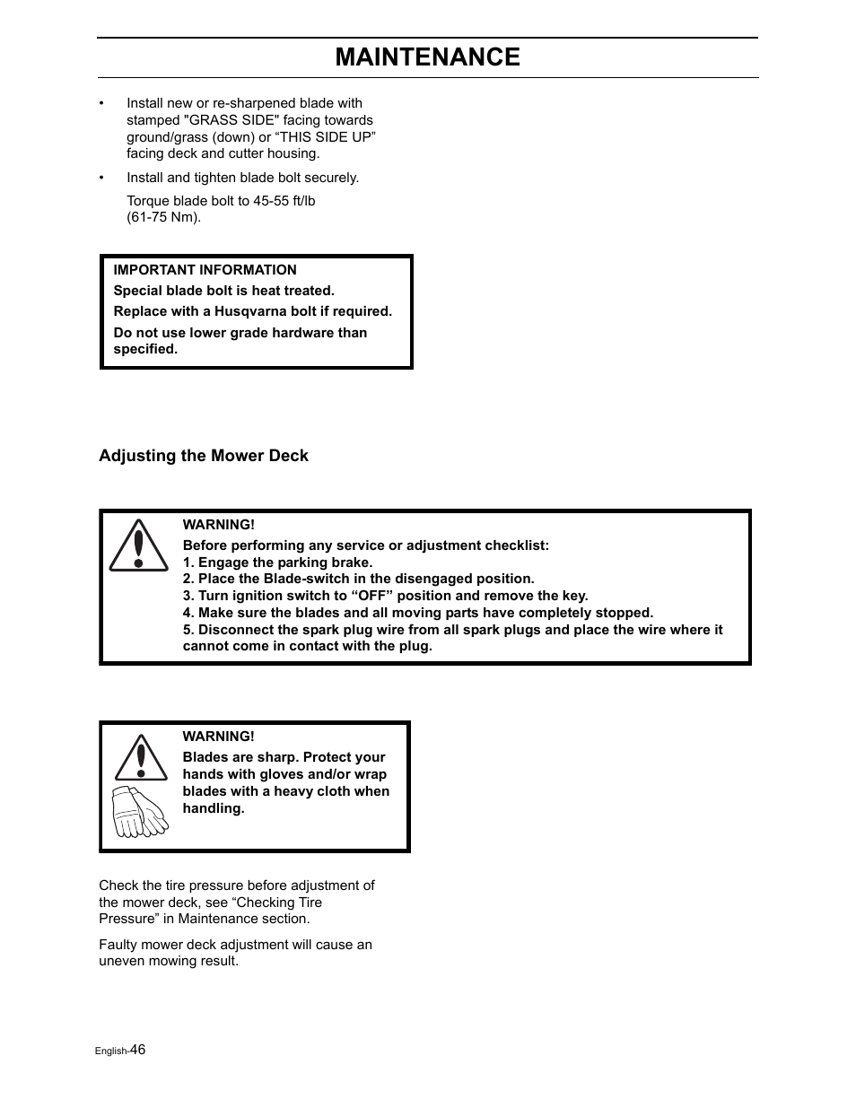 Maintenance | Poulan Pro Pro 900 ZX 968999302 User Manual | Page 48 / 80