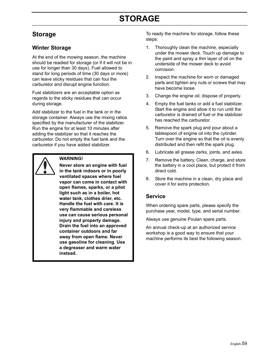 Storage | Poulan Pro Pro 900 ZX 968999302 User Manual | Page 61 / 80