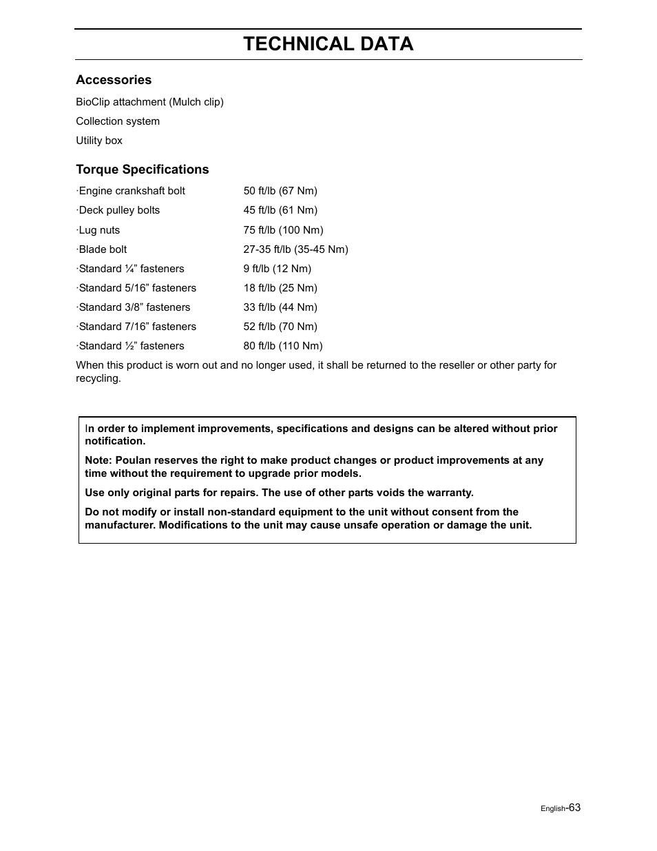 Technical data | Poulan Pro Pro 900 ZX 968999302 User Manual | Page 65 / 80