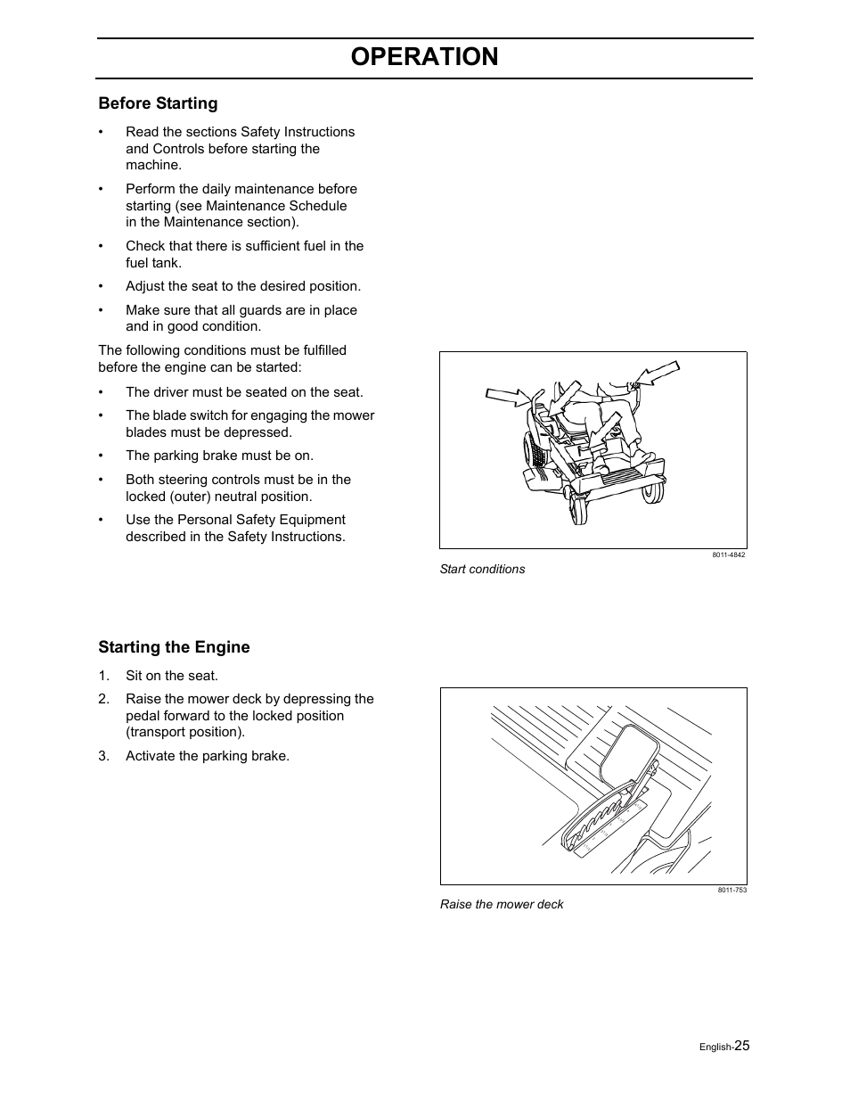 Operation, Before starting, Starting the engine | Poulan Pro Pro 950 ZX 968999507 User Manual | Page 27 / 80