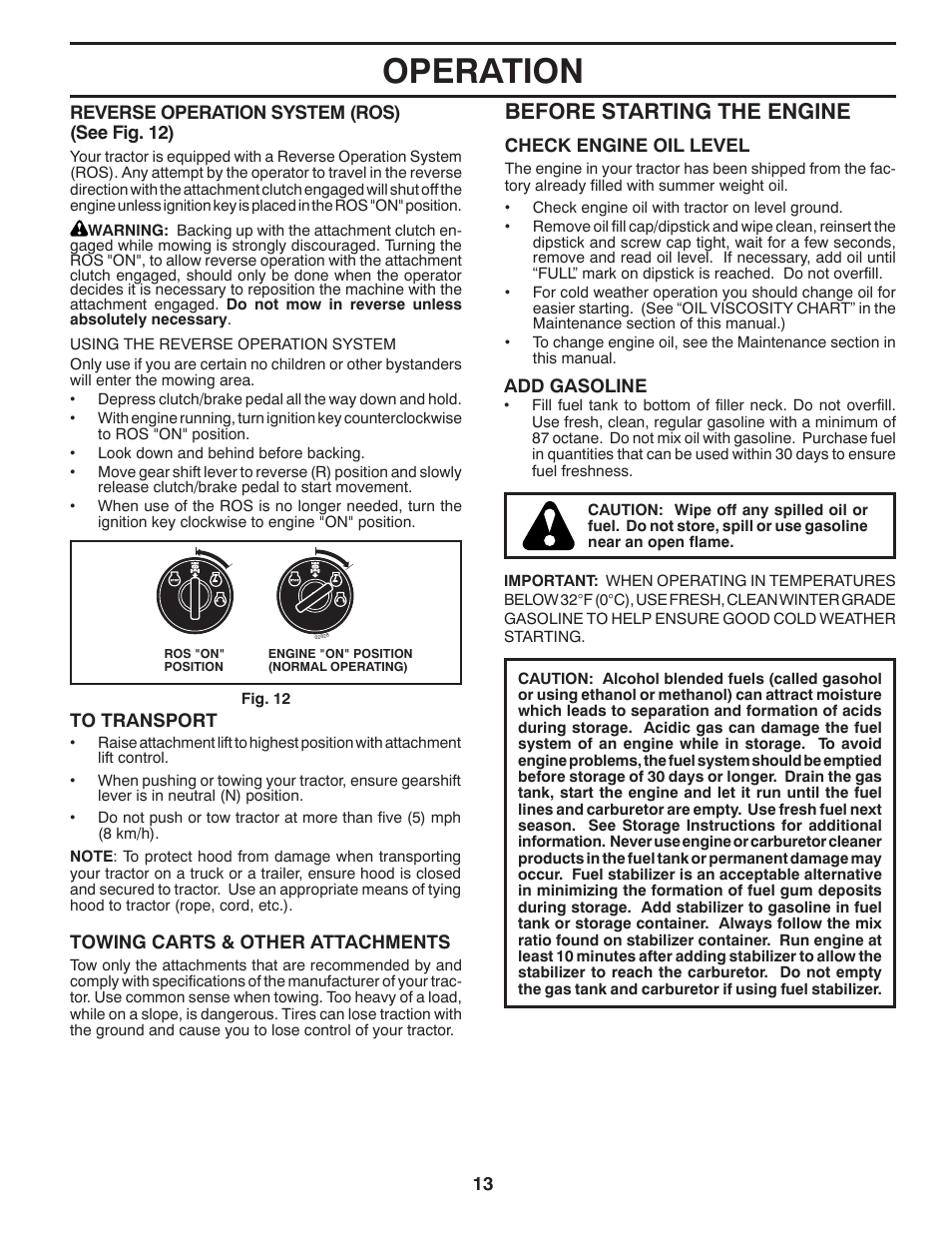 Operation, Before starting the engine | Poulan Pro PB175G42 LAWN TRACTOR User Manual | Page 13 / 60