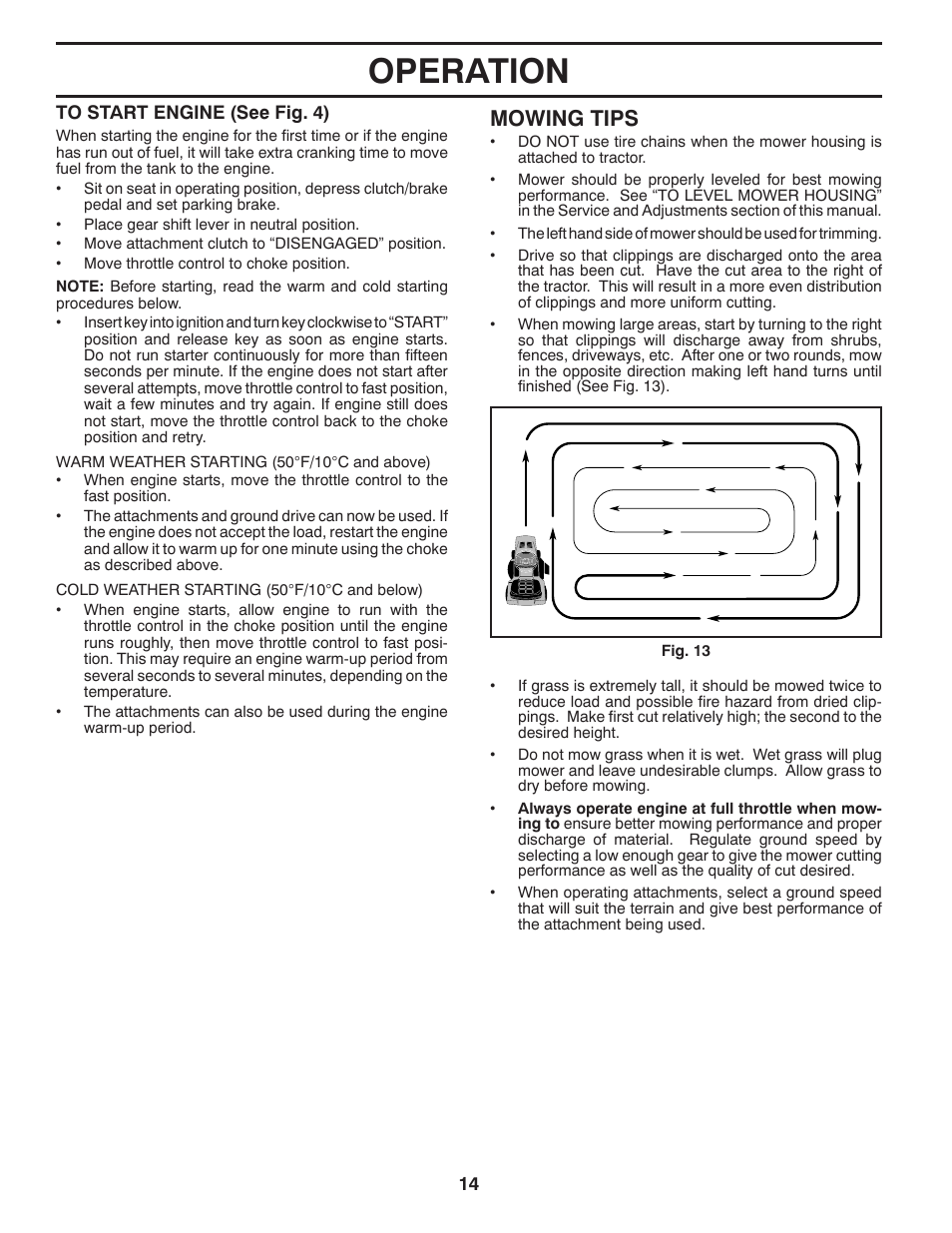 Operation, Mowing tips | Poulan Pro PB175G42 LAWN TRACTOR User Manual | Page 14 / 60