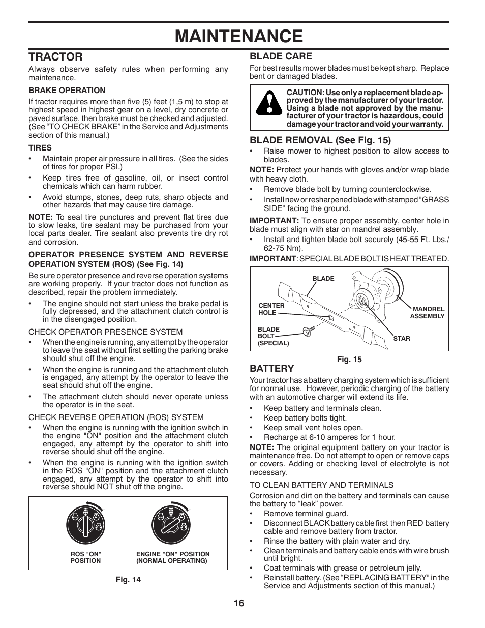 Maintenance, Tractor | Poulan Pro PB175G42 LAWN TRACTOR User Manual | Page 16 / 60