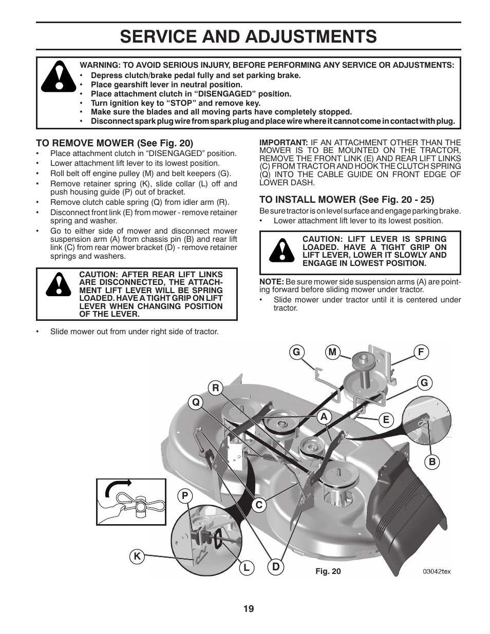 Service and adjustments | Poulan Pro PB175G42 LAWN TRACTOR User Manual | Page 19 / 60