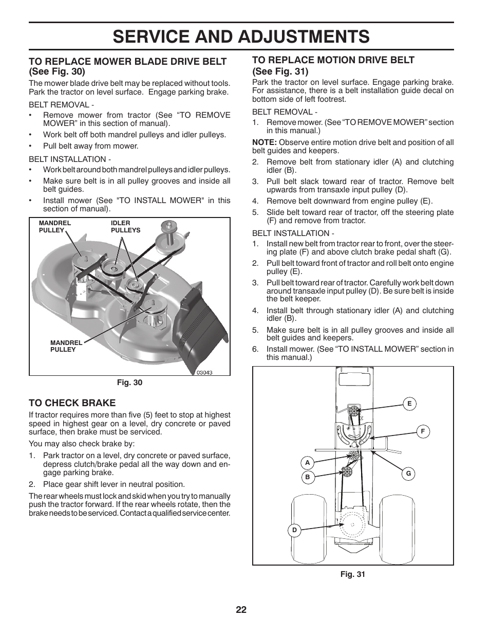 Service and adjustments | Poulan Pro PB175G42 LAWN TRACTOR User Manual | Page 22 / 60